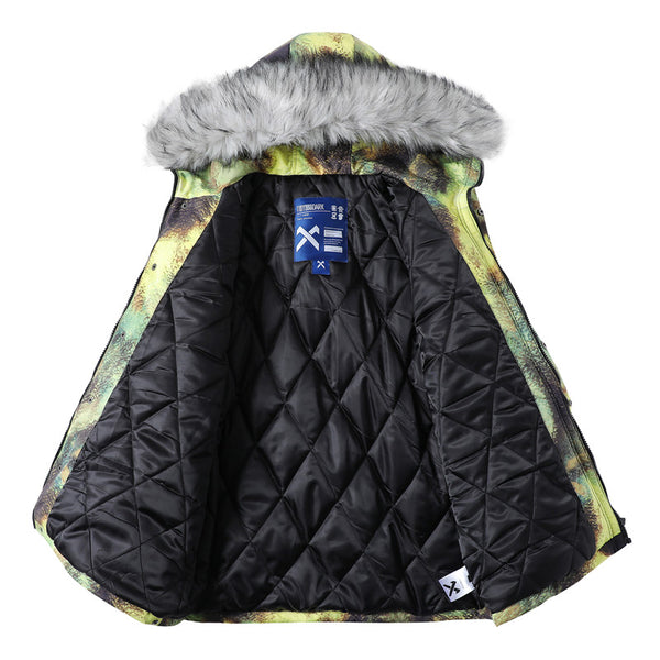 Abrigo de Invierno Hombre Talla Grande Tie-Dye Algodón con Cuello de Piel