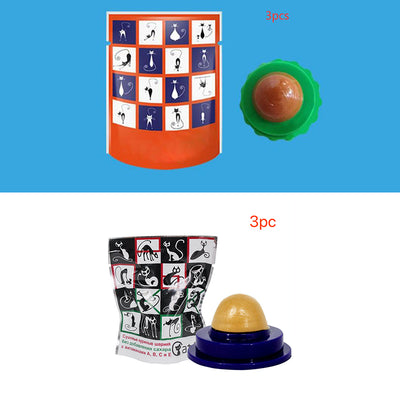 Two pet cat energy ball lick toys with catnip, one with a green base and orange pouch, the other with a blue base and black pouch. - Image 44