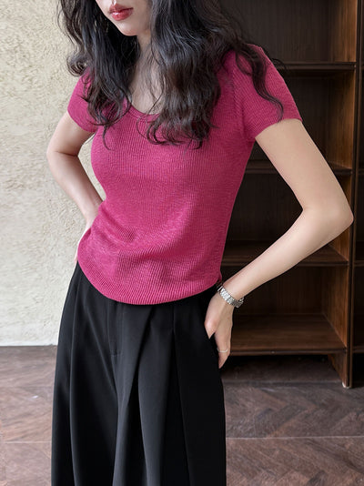 Camiseta Ajustada de Verano para Mujer - Cuello Redondo, Manga Corta y Cintura Definida - Image 18