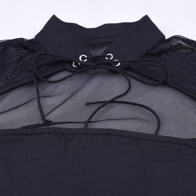Vestido Otoñal de Cuello Alto con Manga Larga y Detalles en Malla - Image 3