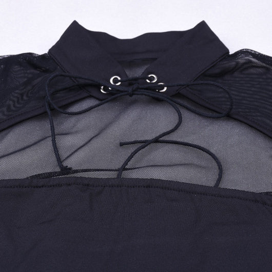 Vestido Otoñal de Cuello Alto con Manga Larga y Detalles en Malla - Image 3
