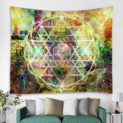 Vibrant multicolored tapestry with a geometric sacred geometry pattern, including Metatron's Cube and Flower of Life, above a bed. - Image 5