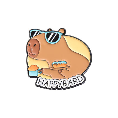 Cute capybara enamel brooch wearing a pink donut with sprinkles and "DONUT WORRY BE CAPPY" text. - Image 26