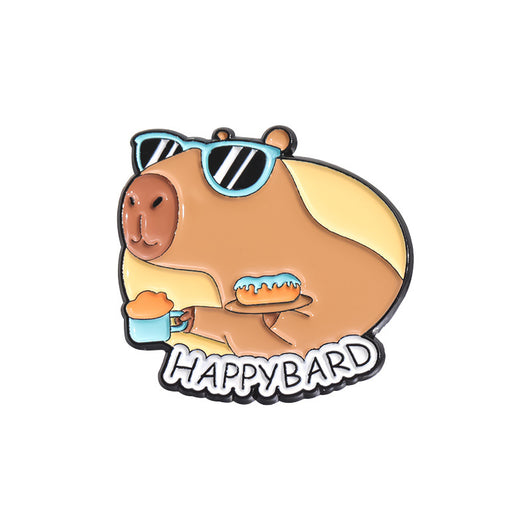 Cute capybara enamel brooch wearing a pink donut with sprinkles and "DONUT WORRY BE CAPPY" text. - Image 26