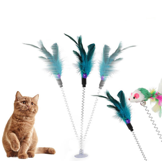 Colorful plush mouse cat toys with feathers, bells, and suction cup springs, designed for interactive play.