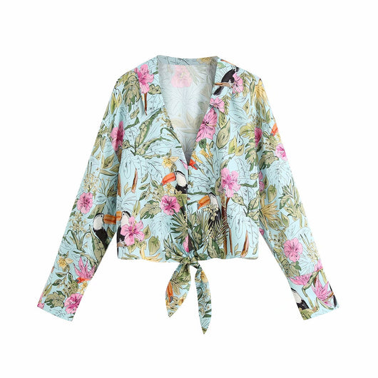 Camisa Manga Larga Estampado Floral con Lazo en V - Image 4