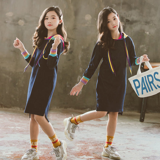 Vestido Infantil Manga Larga Arcoíris en Denim Sólido - Image 6