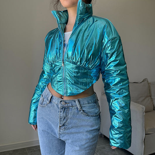 Chaqueta de Algodón Abrigada Estilo Locomotora con Cintura Moldeadora y Cierre Irregular - Image 10