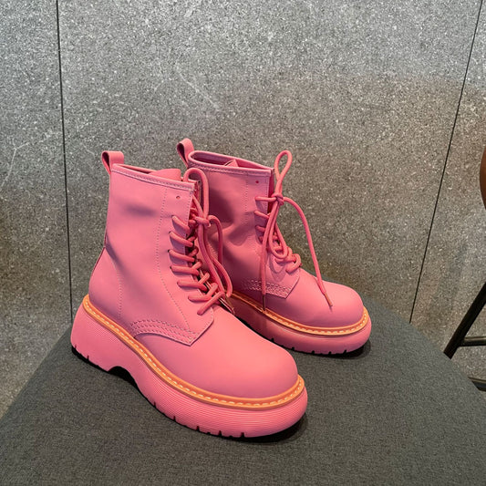 Botines Rosas de Cuero con Suela Elevada - Botas Tobilleras Versátiles para Mujer