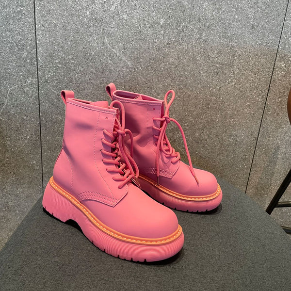 Botines Rosas de Cuero con Suela Elevada - Botas Tobilleras Versátiles para Mujer