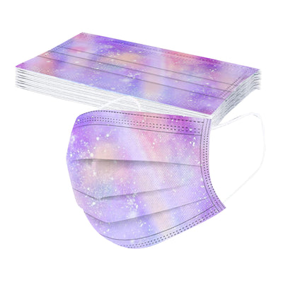 Stack of disposable children's face masks with a purple and blue tie-dye pattern and white ear loops. - Image 10
