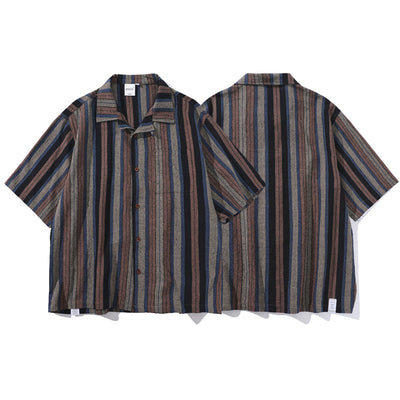 Camisa Retro Amekaji a Rayas de Estilo Étnico Manga Corta - Image 3