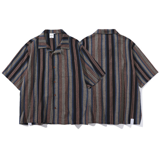 Camisa Retro Amekaji a Rayas de Estilo Étnico Manga Corta - Image 3