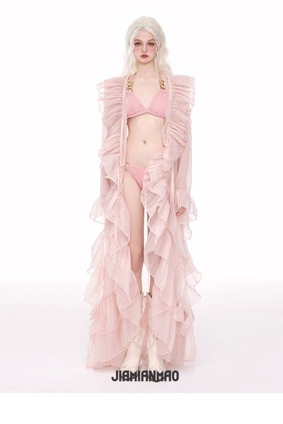 Light pink ruffled sheer swimsuit cover-up blouse over a matching bikini, perfect for beach vacations. - Image 7