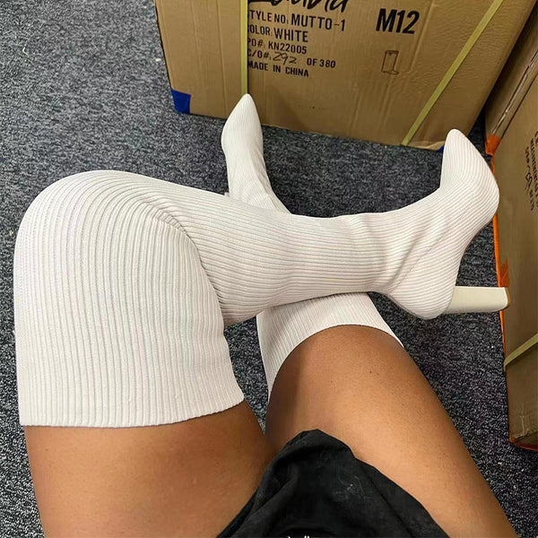 Botas Altas Over Knee Tacón Alto Punta Aguda Tejido Elástico para Invierno