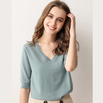 Suéter Tejido Cuello V Manga Corta para Mujer - Image 24