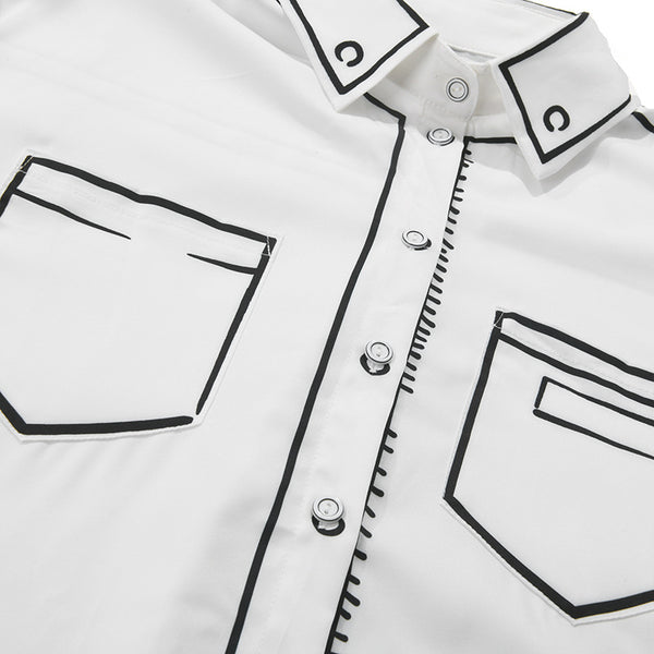 Camisa Estampada en Blanco y Negro con Contraste Artesanal