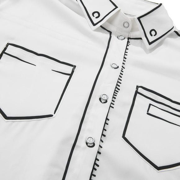Camisa Estampada en Blanco y Negro con Contraste Artesanal