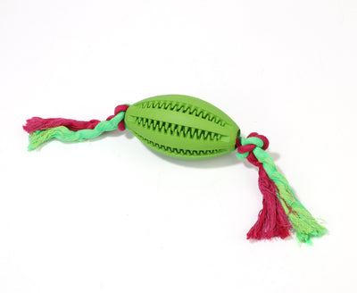 Green rubber pet molar toy with a football shape and textured surface, featuring red and green braided rope knots. - Image 24