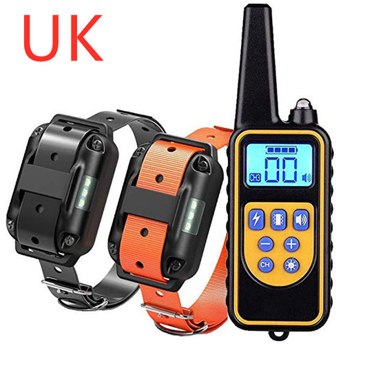 Three electric dog training collars in black, orange, and yellow with receivers, alongside a black and yellow remote control. - Image 47