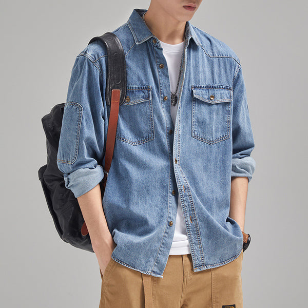 Camisa Denim Holgada Estilo Japonés Talla Grande Manga Larga