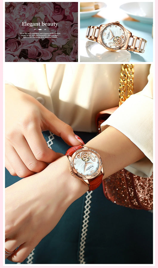 Reloj Automático para Mujer Deyi Bird Rojo Vino con Diseño Calado - Image 16