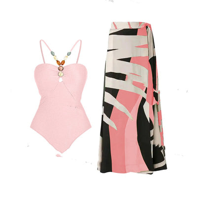 Women's olive green ribbed one-piece swimsuit with colorful beaded straps and matching abstract print sarong skirt. - Image 5