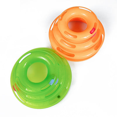 Pink four-layer cat turntable toy with colorful balls on each track, measuring 16cm high and 29cm wide. - Image 6