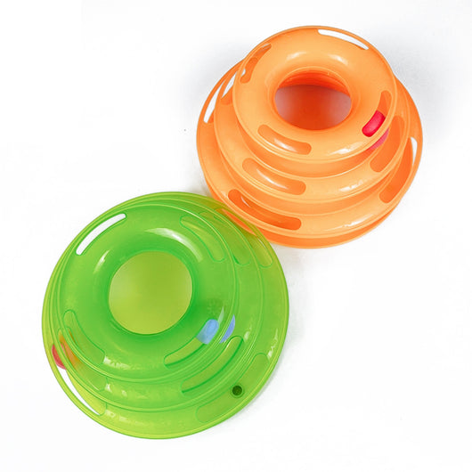 Pink four-layer cat turntable toy with colorful balls on each track, measuring 16cm high and 29cm wide. - Image 6