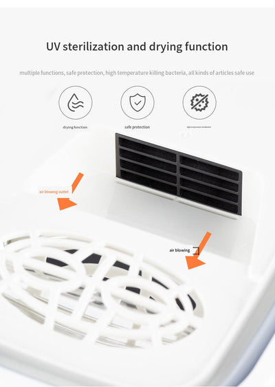 White and grey aromatherapy drying UV sterilization box, disassembled to show collapsible basin, vented lid, and drying rack. - Image 17