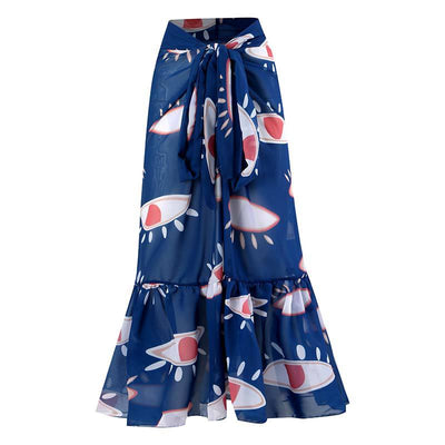 Navy blue mesh sarong with a white and red abstract eye pattern, featuring a tie-front waist and ruffled maxi hem. - Image 14
