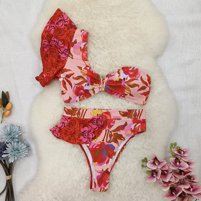 Women's one-shoulder ruffled bikini with a vibrant red and pink floral print, high-waisted bottoms. - Image 5