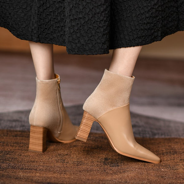 Botines para Mujer de Cuero Punta Cuadrada con Tacón Grueso y Cierre Lateral