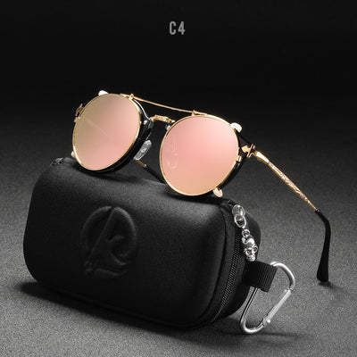 Round frame sunglasses with light blue mirrored lenses and a gold-tone metal frame, featuring a double bridge. - Image 4