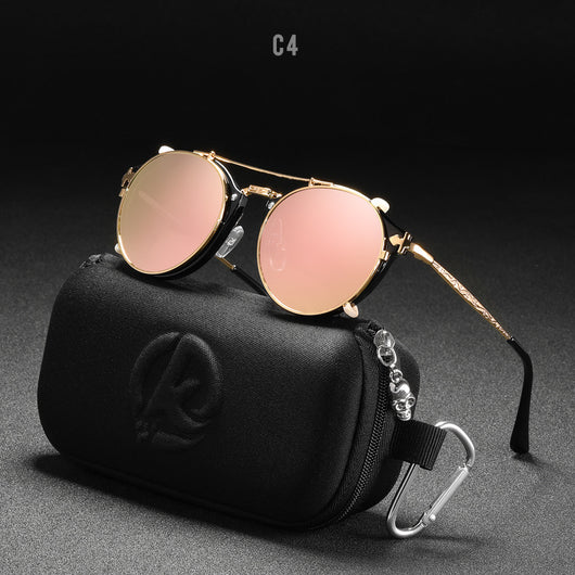 Round frame sunglasses with light blue mirrored lenses and a gold-tone metal frame, featuring a double bridge. - Image 4