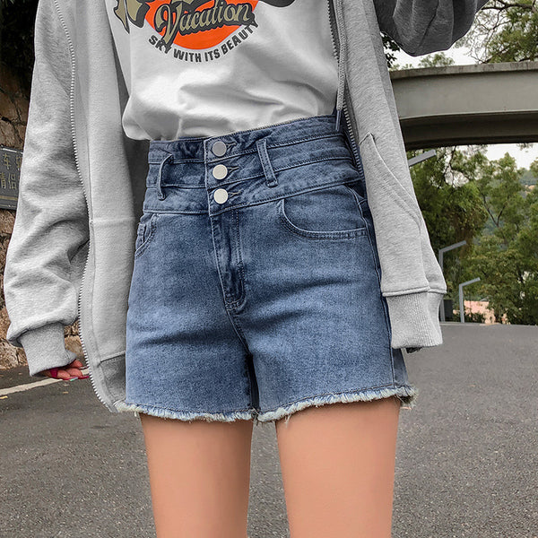 Shorts de Mezclilla Cintura Alta con Botones Múltiples y Corte Ancho para Mujer