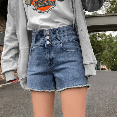 Shorts de Mezclilla Cintura Alta con Botones Múltiples y Corte Ancho para Mujer