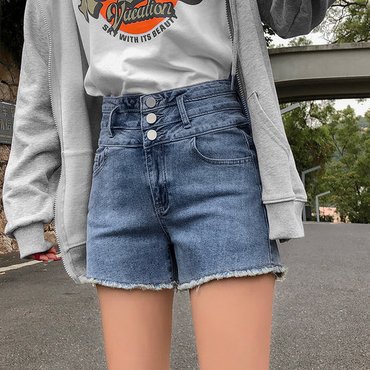 Shorts de Mezclilla Cintura Alta con Botones Múltiples y Corte Ancho para Mujer