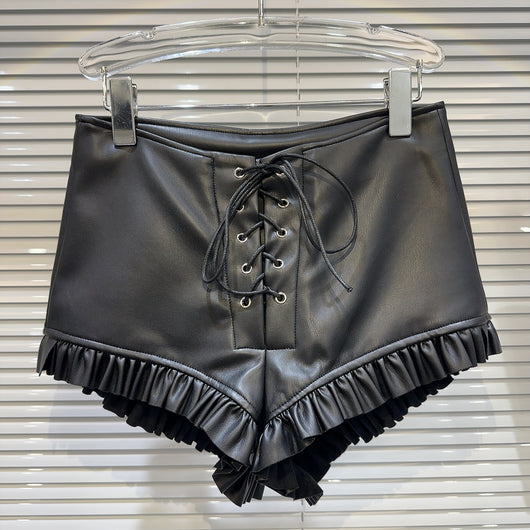 Short de Cuero PU con Encaje Plisado y Cordón Ajustable - Estilo Dark Hot Girl - Image 5