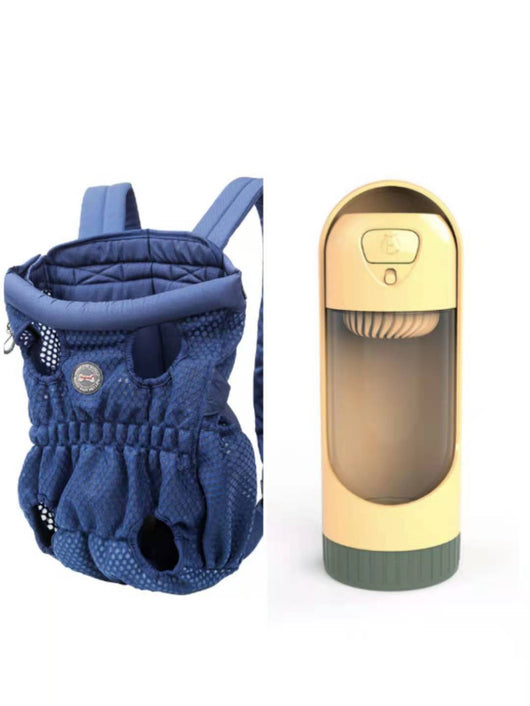 Navy blue mesh pet carrier backpack with leg holes and a light blue portable pet water bottle with a transparent reservoir. - Image 9
