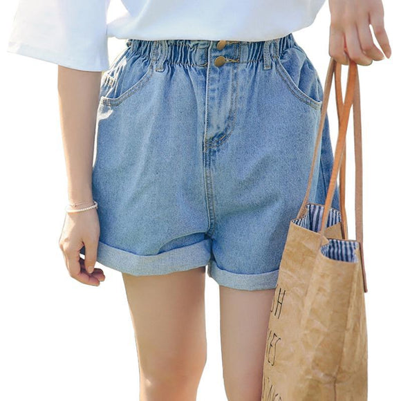 Shorts de Mezclilla Elástica Cintura Alta para Mujer - Estilo Verano Amplio y Cómodo