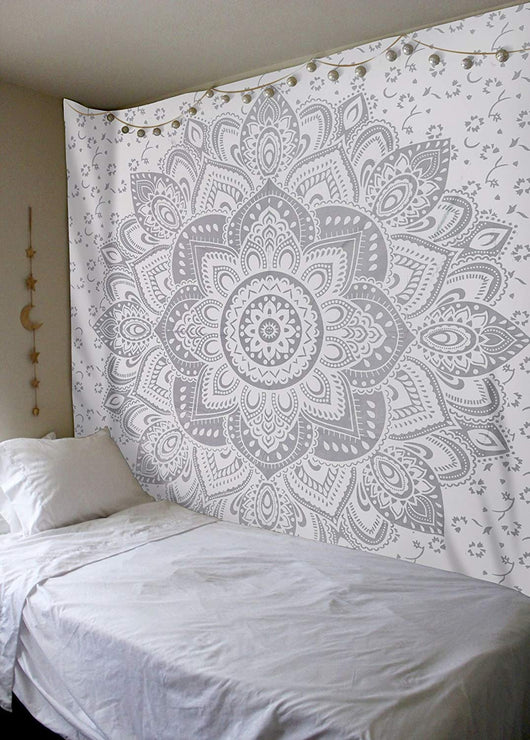 Navy blue tapestry with a large gold mandala pattern and smaller gold floral designs, made of polyester. - Image 13