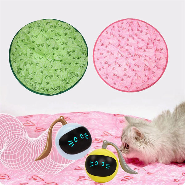 Pink circular cat toy mat with a red heart pattern, designed for interactive play with an electric motion ball.