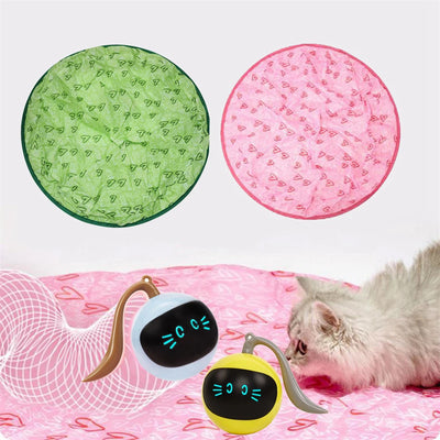 Pink circular cat toy mat with a red heart pattern, designed for interactive play with an electric motion ball.