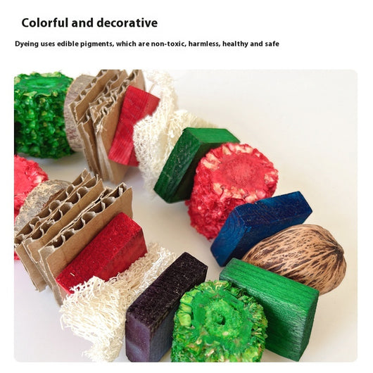 Natural wooden and rattan hanging pet chew toy with cardboard and loofah pieces for parrots, hamsters, or rabbits. - Image 8