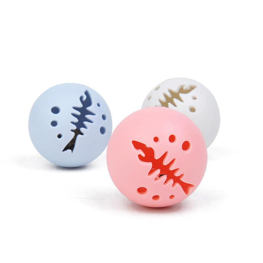 Three-pack of cat toy balls, including a pink fishbone-patterned ball, a mint ball, and a flashing ball.