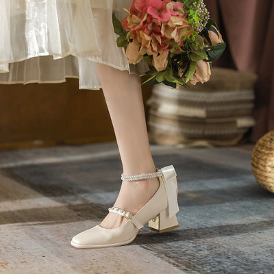 Tacones Gruesos Perla Blanco con Detalles de Perlas - Estilo Elegante - Image 12
