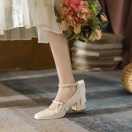 Tacones Gruesos Perla Blanco con Detalles de Perlas - Estilo Elegante - Image 12