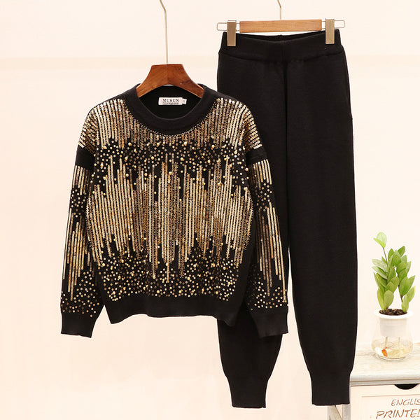 Conjunto de Pantalón y Blusa Casual con Lentejuelas y Cuentas