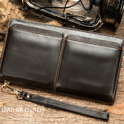 Cartera Larga Ejecutiva para Hombre Cuero Genuino Múltiples Compartimentos